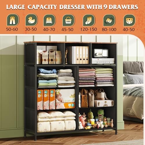 WLIVE Tall Dresser for Bedroom, 9 Drawer Chest of Drawers, Pattern