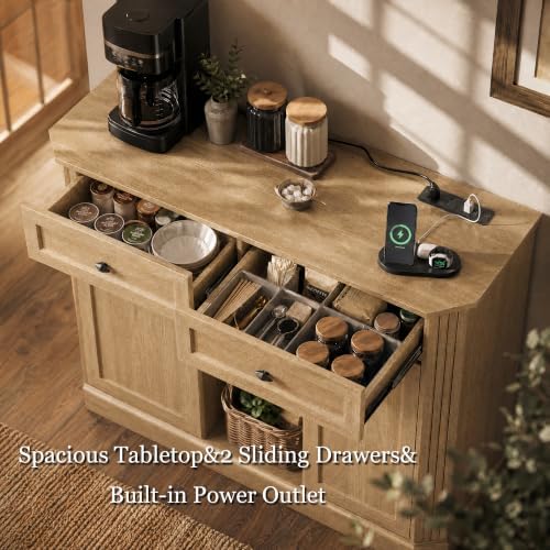 Natural Oak Coffee Bar with 2 Drawers & 2 Doors, LED Wine Bar Cabinet with Wine Glasses, Coffee Station with Built-in Outlets, Buffet Cabinet Sideboard with Extra Storage for Living Room Kitchen