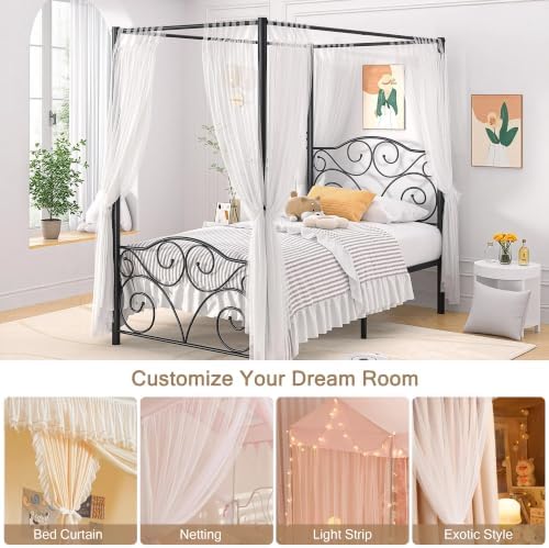 VECELO Metal Canopy Bed Frame Twin Size, 4 Posters Platform Mattress Foundation with Headboard, Heavy Duty Steel Slats Support, No Box Spring Needed, Black