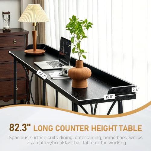 Karl home 82.3" Bar Table, Counter Height Table with Back Rail, Black