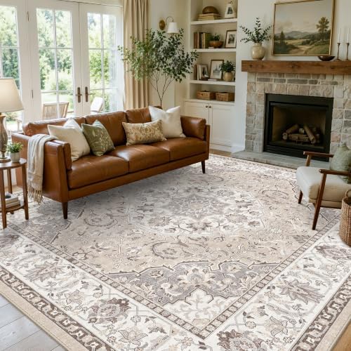 Living Room 12x12 Square Area Rug: Stain Resistant Washable Beige Vintage Rug Low-Pile Soft Floor Carpet for Bedroom Playroom Indoor Non Slip Boho Home Decor Mat for Office Dining Room(12x12，Beige)