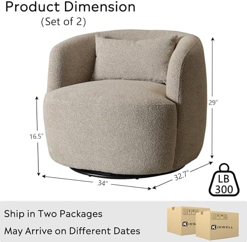 KINWELL 34" W Sherpa Swivel Barrel Chairs with Pillow Set of 2, Taupe Grey