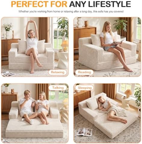 Erament Boneless Loveseat Convertible Sofa Bed, Folding Floor Futon Sleeper Sofa Couch Bed- Boneless Foldable Couch, Corduroy Pull Out Sofa Bed with 2 Pillows for Living Room & Bedroom