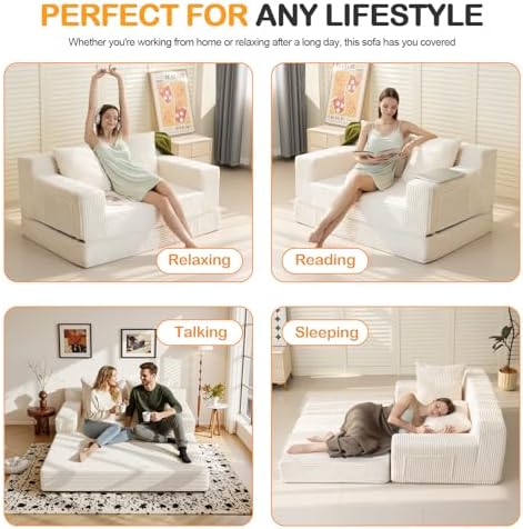 Erament Convertible Sofa Bed, Loveseat Folding Floor Futon Sleeper Sofa Couch Bed- Boneless Foldable Couch, Corduroy Pull Out Sofa Bed with 2 Pillows for Living Room & Bedroom