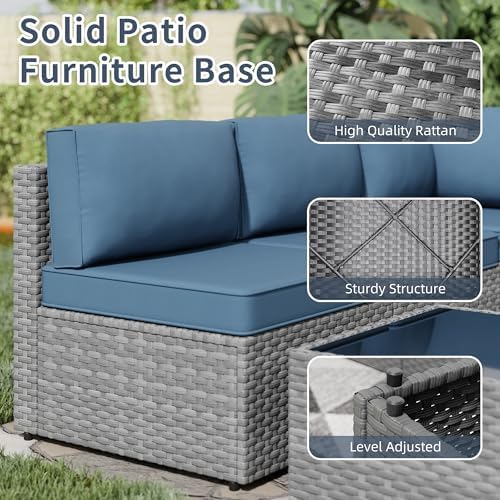 SUNLEI 5 Piece Patio Furniture Sets, Low Back All-Weather Rattan Sectional Sofa with Tea Table&Washable Couch Cushions, Patio Furniture Sets, Silver Rattan (Aegean Blue)