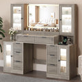 Fluted Vanity Desk with Mirror & Lights | 8 Drawers & 4 Cabinets, Tempered Glass Top, RGB Cabinet Lighting, 3-Color Dimmable Mirror, Charging Station