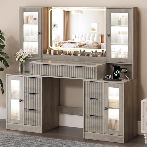 Fluted Vanity Desk with Mirror & Lights | 8 Drawers & 4 Cabinets, Tempered Glass Top, RGB Cabinet Lighting, 3-Color Dimmable Mirror, Charging Station