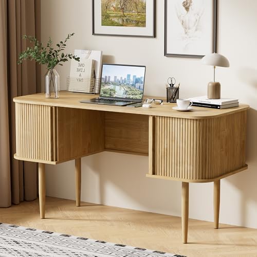 Furniway 55" Modern Writing Desk, Wood Home Office Desk, Natural