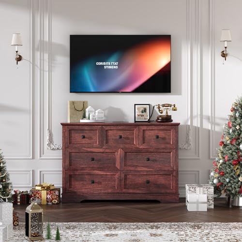 Farmhouse 7 Drawers Dresser for Bedroom with Charging Station,Wood Dressers