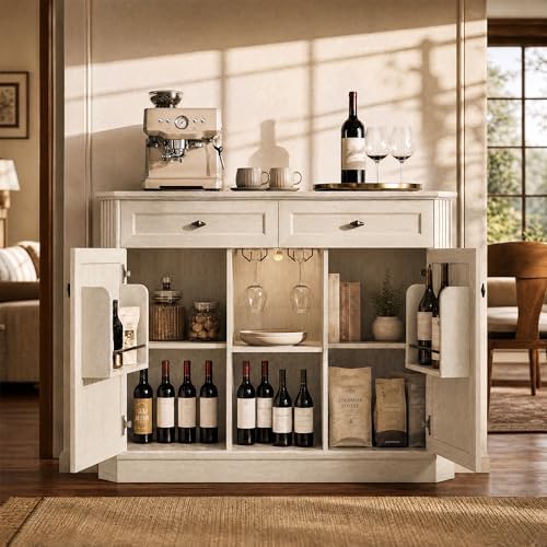 White Coffee Bar with 2 Drawers & 2 Doors, LED Wine Bar Cabinet with Wine Glasses, Coffee Station with Built-in Outlets, Buffet Cabinet Sideboard with Extra Storage for Living Room Kitchen Entryway
