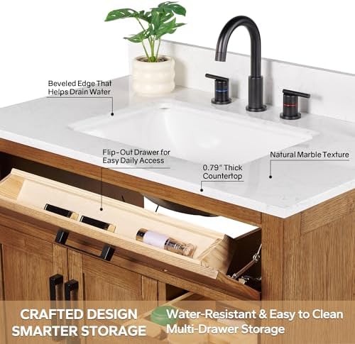36-inch Dark Walnut Bathroom Vanity with Sink, Solid Wood, 0.79-inch Stone Countertop and Backsplash, 4 Drawers, 2 Soft Closing Doors
