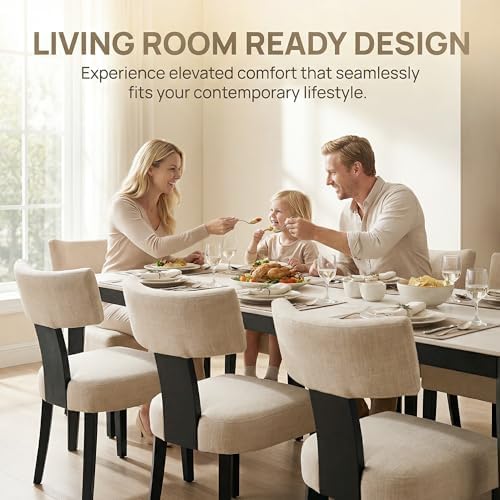 HNY Mid Century Modern Farmhouse Dining Chairs Set of 2, Linen Upholstered Accent Chair Curved Backrest Kitchen Chairs, with Black Hardwood Frame, Beige