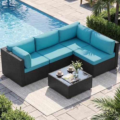 Shintenchi 5 Piece Outdoor Patio Furniture Set with Black PE Rattan, Blue