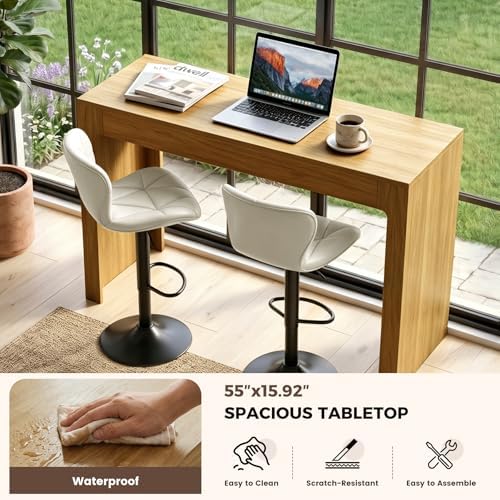 Miereirl 3-Piece Counter Height Bar Table Set, 55 Inch Oak Pub Dining Table & 2 Black Swivel Adjustable Bar Stools, PU Leather Counter Chairs with Backrest for Kitchen Island Dining Room
