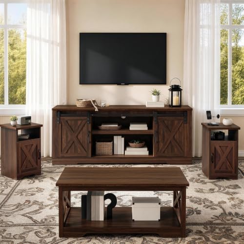 WERSMT 4 Piece Farmhouse Table Set with 66" TV Stand, Walnut