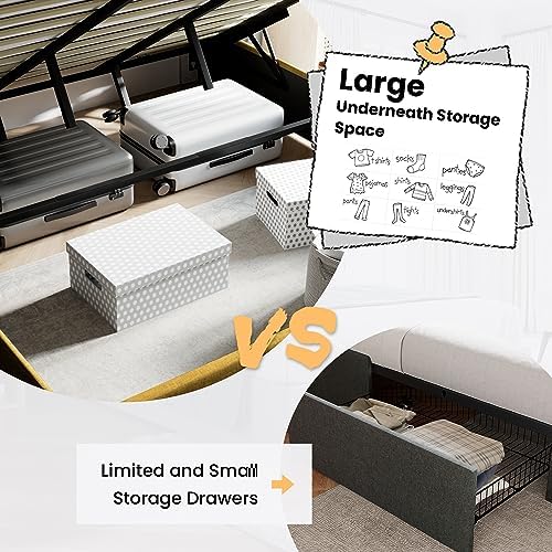 SHA CERLIN Queen Size Lift Up Hydraulic Storage Bed Frame Olive Yellow