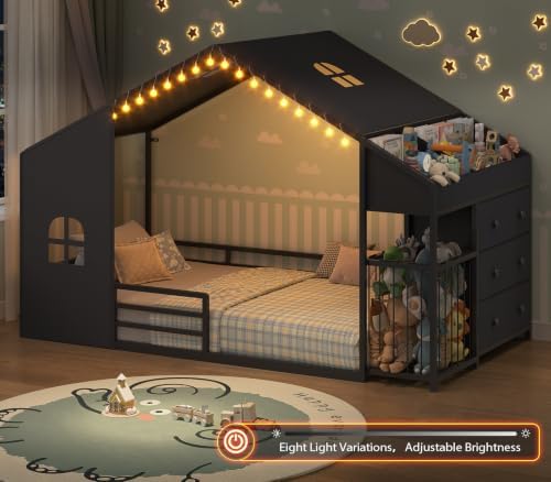 UPOSOJA Montessori Twin Size Floor Bed, House Shape Bed, Tent, Children's Night Light, Toy Storage Cabinets, Drawer, Picture Book Section for Kids Teens Girls Boys
