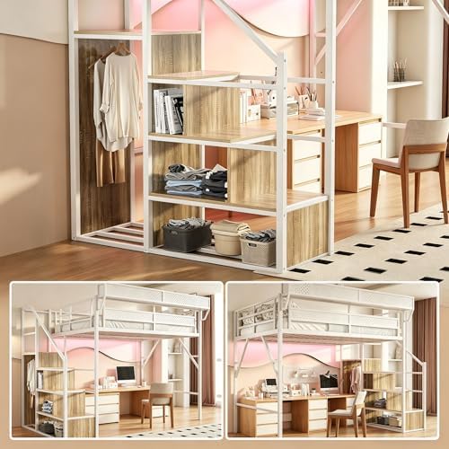 Queen Size Metal Loft Bed with Reversible Stairs and LED & USB Port