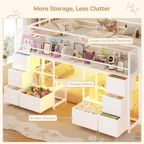BTHFST Low Bunk Bed Twin Over Twin with 8 Fabric Drawers & Bookshelf, White