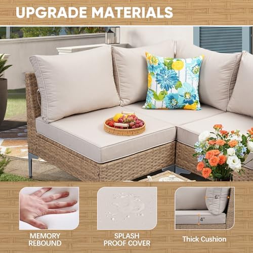 JOYURE 7 Piece Wicker Patio Furniture Set,Outdoor Conversation Sectional Sofa w/Coffee Table,All-Weather Outdoor Sofa with Thick and Anti-Slip Cushions for Deck,Poolside,Garden,Beige