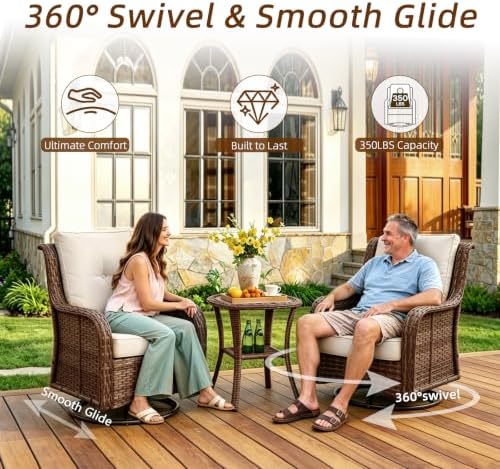 Wumiokio Patio Furniture Sets, Wicker Outdoor Furniture - 360 Degree Swivel Rocking Chairs and Rattan Side Table for Garden,Porch,Backyard (Brown Wicker/Beige Cushion, 5PCS - Swivel Chairs & Ottoman)