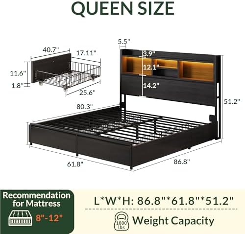 LARMACE Queen Size Bed Frame with 6 Storage Drawers and Headboard Wooden Platform Bed Frame with LED Lights and Charging Station Easy Assembly/No Box Spring Needed/Black
