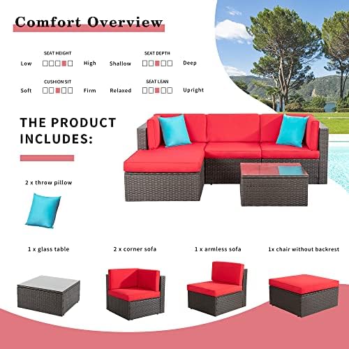 Shintenchi 5 Pieces Patio Furniture Sets Outdoor All-Weather Sectional Patio Sofa Set PE Rattan Manual Weaving Wicker Patio Conversation Set with Glass Table&Ottoman Cushion and Red Pillows, Red