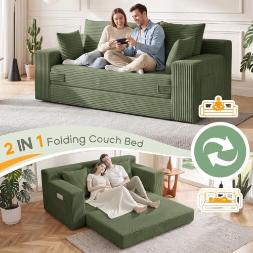 Boneless Couch for Living Room, 3 Seater Convertible Sofa Bed in A Box, Folding Pull Out Couch with Comfy Corduroy, Loveseat Sleeper Floor Sofa with 5 Pillows, No Assembly Required, Olive Green