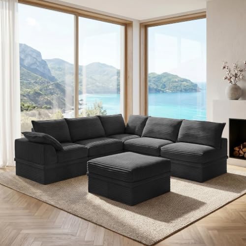 142" Oversized Modular Sectional Cloud Couches for Living Room, Corduroy 6-Seat Large Upgraded Boneless Couch with Ottoman Chaise, Deep Seat, U Shaped Memory Foam Sofa-in-a-Box, No Assembly,Gray