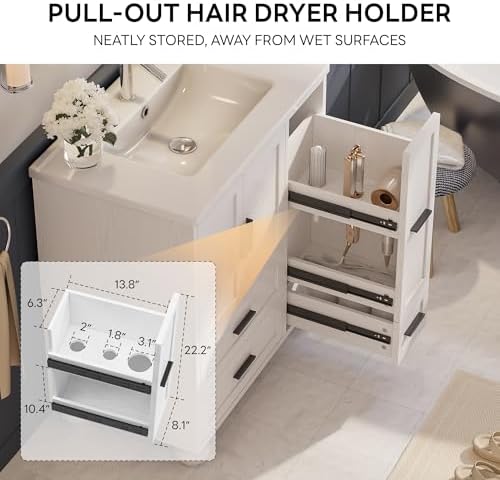 LIKIMIO 29.5" Bathroom Vanity with Sink, Hair Tool Drawer, 4 Solid Legs, 4 Drawers 2 Doors, Modern Freestanding Wooden Bathroom Cabinet with Undermount Upgraded SMC Sink, Quick Assembly, White