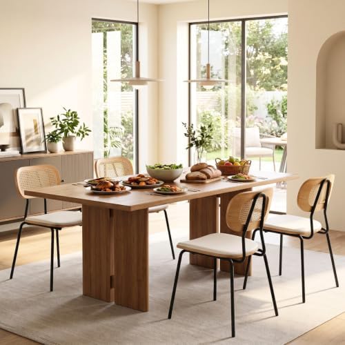 CIMOTA Rattan Dining Chairs Set of 4, Cane Back Kitchen Chairs with Metal Legs, Faux Leather Seat, Armless Dining Room Chairs for Kitchen, White