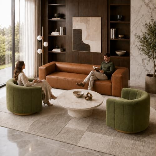3-Piece Living Room Set, Faux Leather Sofa + 2 Swivel Chairs