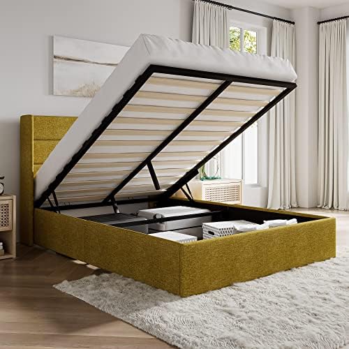 SHA CERLIN Full Size Lift Up Hydraulic Storage Bed Frame Olive Yellow