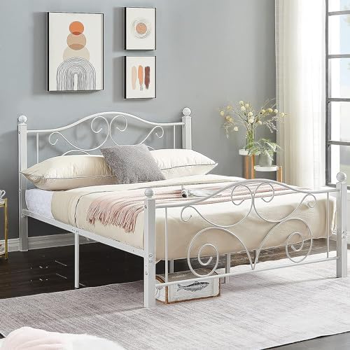 VECELO Queen Size Bed Frame with Headboard and Footboard, Heavy Duty Metal Slat Support, Platform Mattress Foundation, No Box Spring Needed, Easy Assembly, White