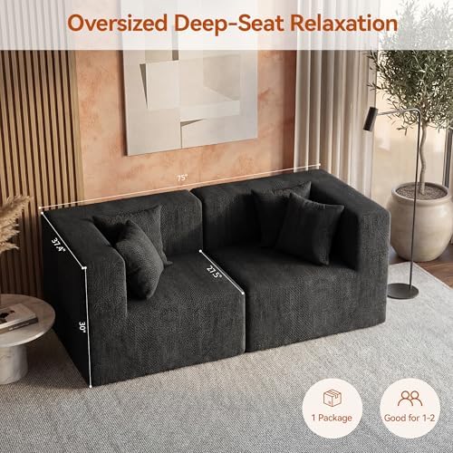 MONVANE 75" Loveseat Sofa, Comfy Chenille Modular Sectional Sofa with 4 Pillows, Modern Deep Seat Boneless Couch, 2 Seater Sofa for Living Room, Bedroom and Apartment, Black