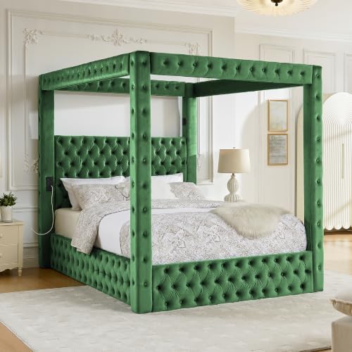 LUMISOL Canopy Bed Frame Queen Size, Velvet Upholstered Platform Bed with Button Tufted Headboard, Four Posters, Built-in Speaker and Charging Station, Heavy Duty Mattress Foundation, Green