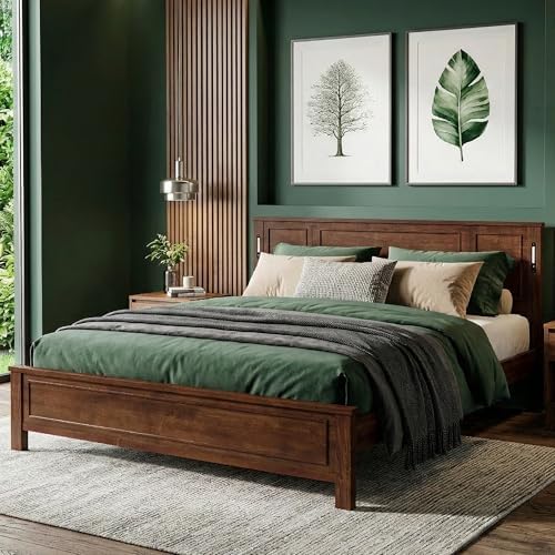 King Bed Frame with Tall Headboard & Footboard, Farmhouse Solid Wood Platform Bed Frames King Size with LED Lights & USB Charging Station,No Box Spring Needed, Walnut