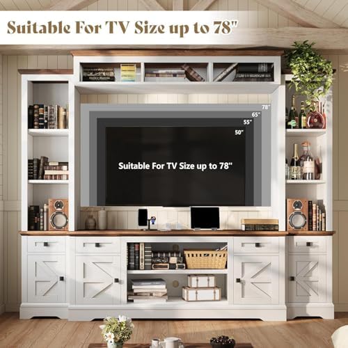 AMERLIFE 4 Pieces Living Room Table Sets, 98" Farmhouse Wall Unit TV Stand with Bookshelves & Wine Cabinet, Coffee Table & 2 End Tables with Charging Station and USB Ports, Living Room, Barnwood+White