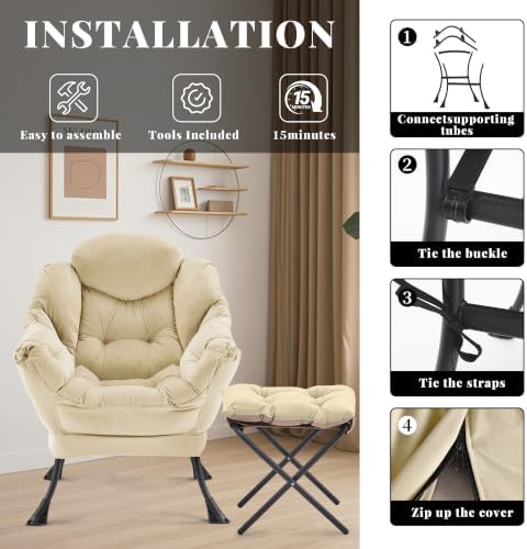 Lazy Chair with Ottoman, Comfy Reading Chair, Khaki