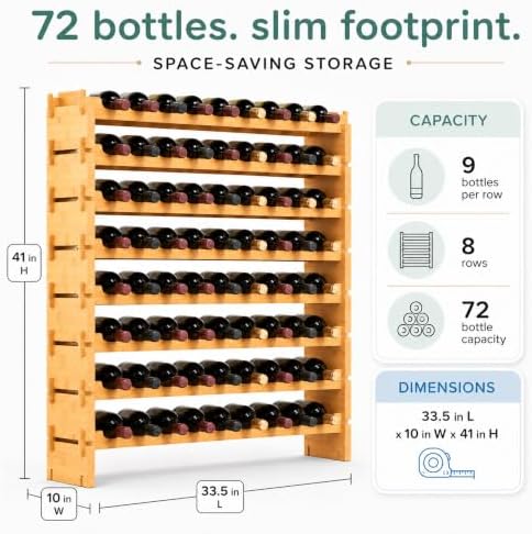 NutriChef 72 Bottle Wine Rack Stackable Bamboo Freestanding, 8-Tier Modular Shelf, Sturdy Wobble Free, Upgraded 2026 Design, Easy No-Tool Assembly for Kitchen, Cellar or Bar Storage 33.5" x 10" x 41"