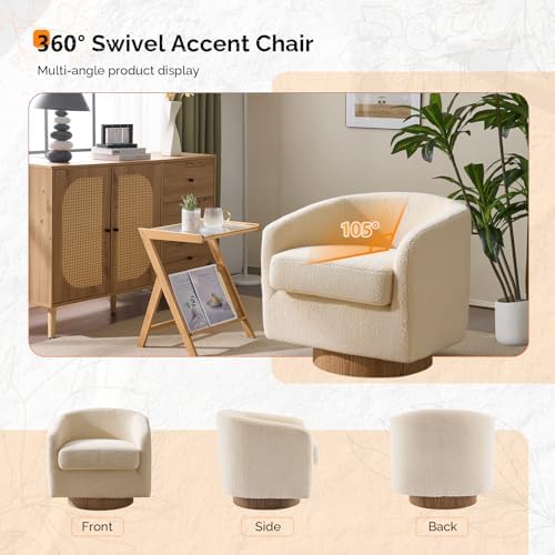 VINGLI 360°Swivel Accent Chairs Set of 2 with Engineered Wood Base and Removable Cushion for Living Room, Bedroom, Curved Back Barrel Chairs for Small Space, Upholstered Bucket Armchairs, Teddy Khaki