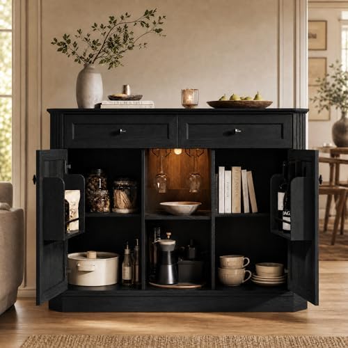 Black Coffee Bar with 2 Drawers & 2 Doors, LED Wine Bar Cabinet with Wine Glasses, Coffee Station with Built-in Outlets, Buffet Cabinet Sideboard with Extra Storage for Living Room Kitchen Entryway