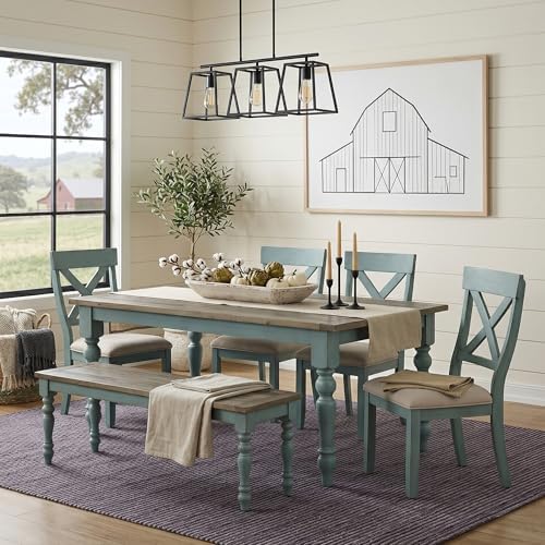 Roundhill Furniture Prato 6-Piece Dining Set, Dining Table with 4 Cross Back Chairs and Bench, Antique Blue and Distressed Walnut Finish