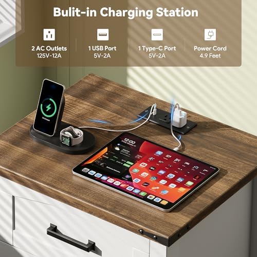 Decofy Farmhouse Nightstand Set of 2 with Charging Station, 3 Drawers