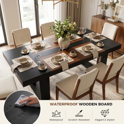 Miereirl 7-Piece Modern Farmhouse Dining Table Set, 86.6" x 47.2" Sturdy Stable Dining Table with 6 Chairs, Rectangular Kitchen Table Set for 6,(Black & Walnut Table+6 Brown Chairs)