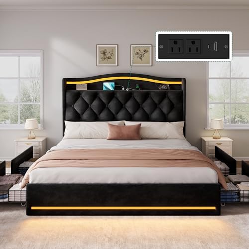 DWVO Queen Size Bed Frame with 4 Storage Drawers and RGB LED Lights, Black