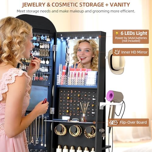 Vlsrka LED Mirror Jewelry Cabinet Standing, 360° Swivel, Black | Lockable Jewelry Armoire with Mirror, Interior LED Makeup Mirror, Foldable Shelf, Large Capacity, Gift for Women, Girls