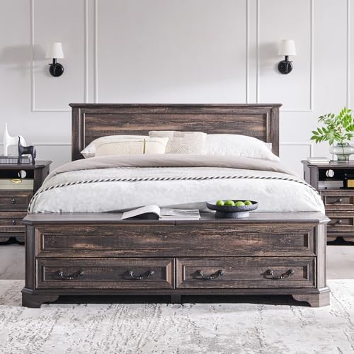 T4TREAM Farmhouse Queen Bed with Headboard and Storage Bench