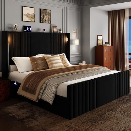 55" Tall King Size Platform Bed Frame with 2 Reading Lights, Black