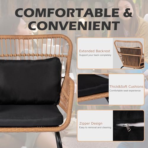 3 Piece Outdoor Wicker Furniture Bistro Set, Rattan Chairs Conversation Sets with Solar Light, Wicker Patio Furniture for Balcony Poolside Backyard, Black